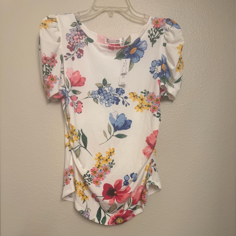 New York & Company White Floral Puff Sleeve Tee with Multicolor Blooms